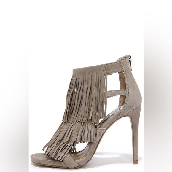 Taupe "Radiohead" Faux Suede Fringe Open Toe Heeled Sandals - Picture 2 of 12